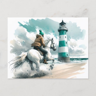 Cartão Postal Cavalo e cavaleiro na praia - Aquarela