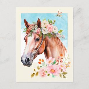 Cartão Postal Cavalo e Flores de Aquarela