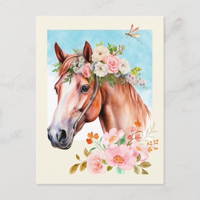 Cartão Postal Cavalo e Flores de Aquarela (Frente)