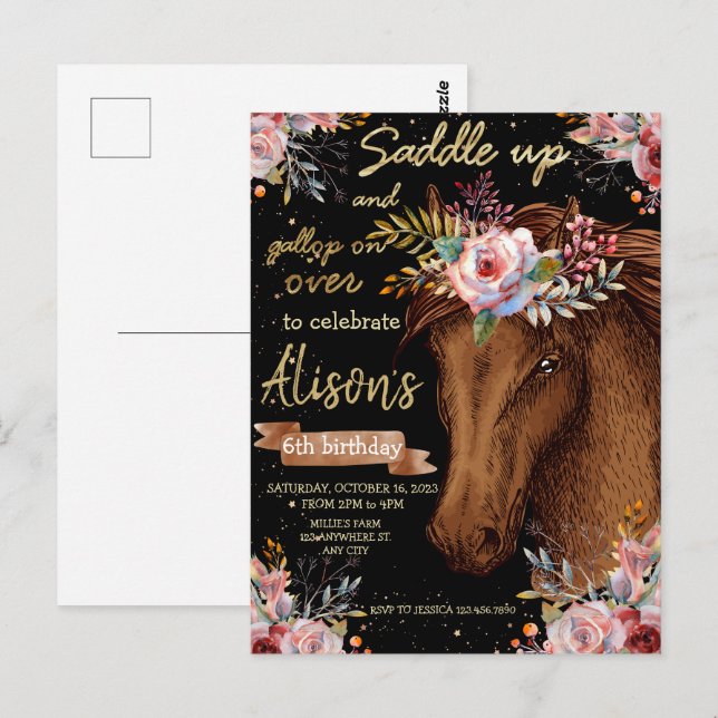 Cartão Postal Cavalo em aquarela festa de aniversário de cavalo (Frente/Verso)