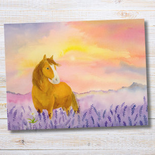 Cartão Postal Cavalo em Campo de Lavanda Durante o Pôr do Sol 