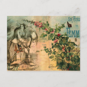 Cartão Postal Cavalo estilo vintage francês, mulher, floral