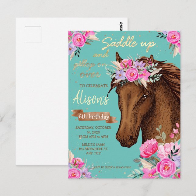 Cartão Postal Cavalo Floral Cor-de-Rosa Aniversário (Frente/Verso)