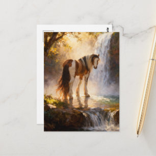 Cartão Postal Cavalo Gypsy Vanner Pinto Magnífico na Cachoeira