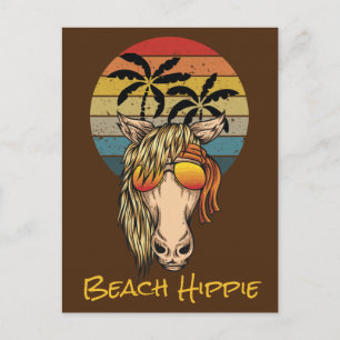 Cartão Postal Cavalo Hippie da Praia Retro, Sol Poente e Palmeir