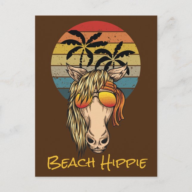 Cartão Postal Cavalo Hippie da Praia Retro, Sol Poente e Palmeir (Frente)