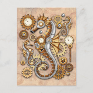 Cartão Postal Cavalo-Marinho Steampunk Arte Surrealista Vintage
