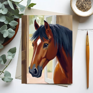 Cartão Postal Cavalo Marrom Aquarela Animal País Celeiro