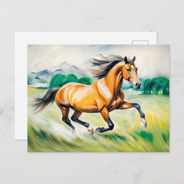 Cartão Postal Cavalo Marrom correndo em um campo (Frente/Verso)