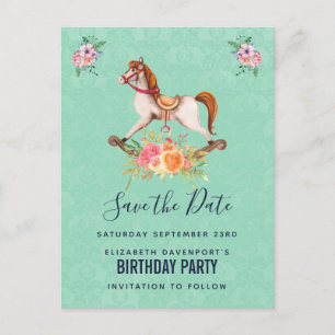 Cartão Postal Cavalo Mecânico Antigo com Flores Salve a Data