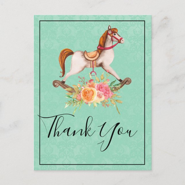 Cartão Postal Cavalo Mecedor Antigo e Agradecimento de Buquê Flo (Frente)