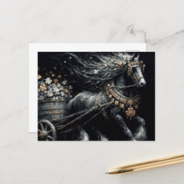 Cartão Postal Cavalo Negro Puxando uma Carga de Camarões Dourado