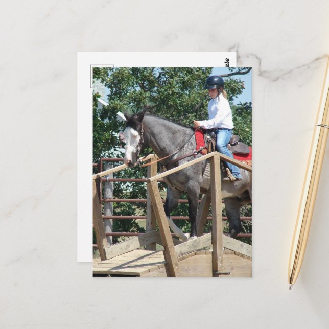 Cartão Postal Cavalo numa Feira de Classe de Trilha de Ponte (Frente/Verso In Situ)