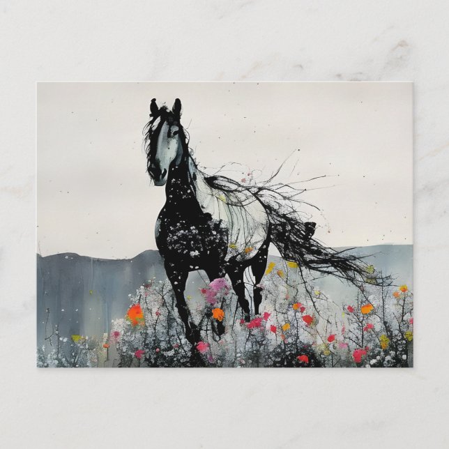 Cartão Postal Cavalo Preto em Flores Silvestres (Frente)