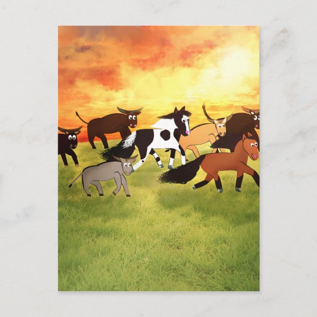 Cartão Postal Cavalos de Cartoon correndo com Bull's (Frente)