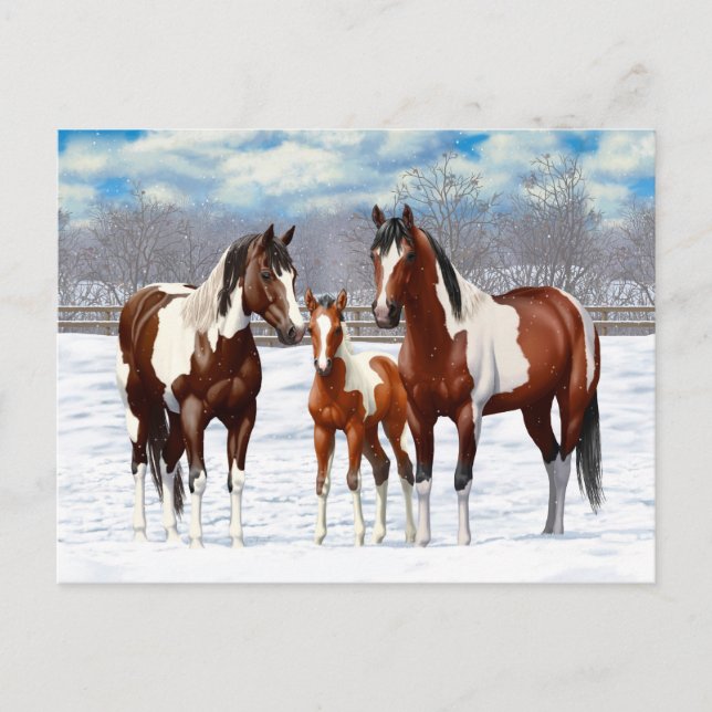 Cartão Postal Cavalos De Pintura De Baía Na Neve De Inverno (Frente)