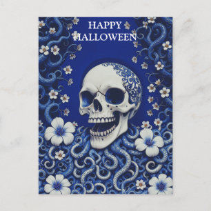 Cartão Postal Caveira Assustadora de Halloween com Flores