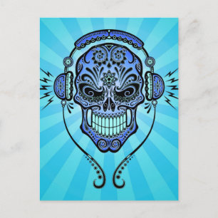 Cartão Postal Caveira Azul de Açúcar DJ com Raios de Luz