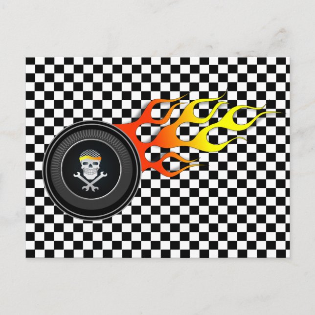 Cartão Postal Caveira de Corrida na Roda Flamejante (Frente)