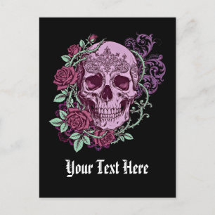 Cartão Postal Caveira de Lavanda com Design Gótico de Rosas