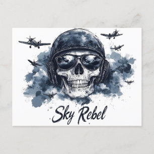 Cartão Postal Caveira do Céu Rebelde com Capacete Piloto e Óculo