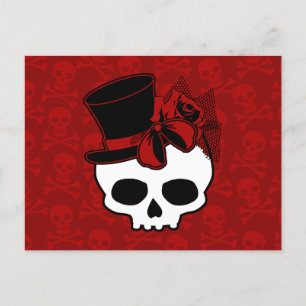 Cartão Postal Caveira Fofa Com Chapéu-Coco e Laço Vermelho Rosa