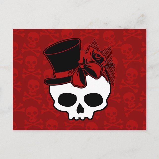 Cartão Postal Caveira Fofa Com Chapéu-Coco e Laço Vermelho Rosa (Frente)