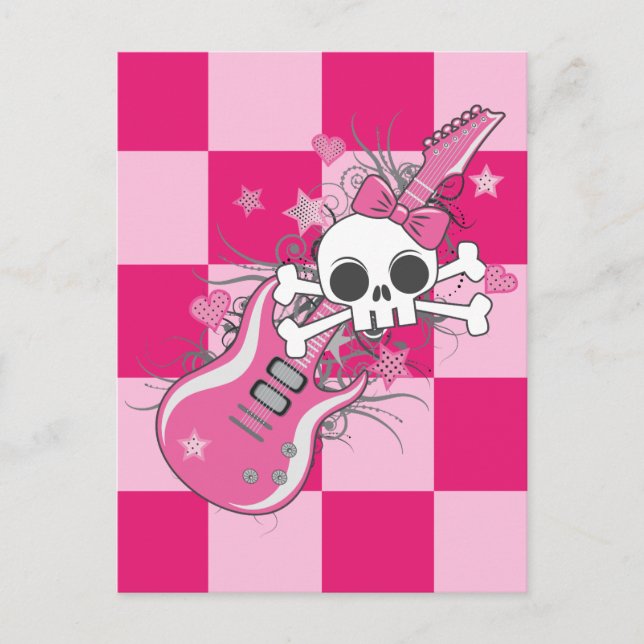 Cartão Postal Caveira Fofa com Violão Rosa (Frente)