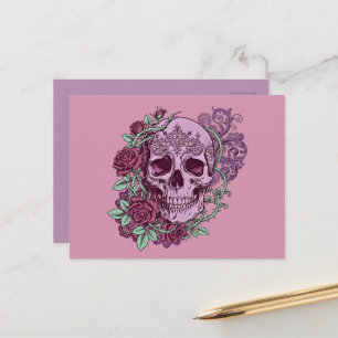 Cartão Postal Caveira Lavanda Com Desenho Gótico De Rosas