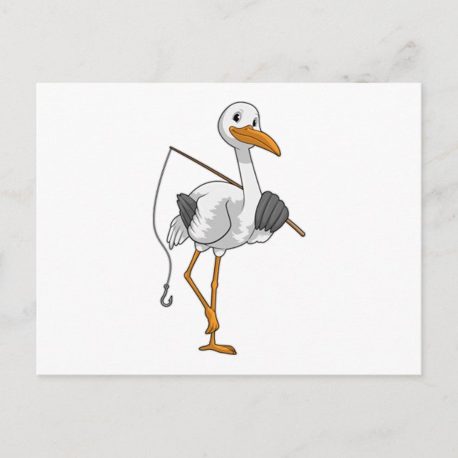 Cartão Postal Cegonha como Pescador com vara de pescar (Frente)