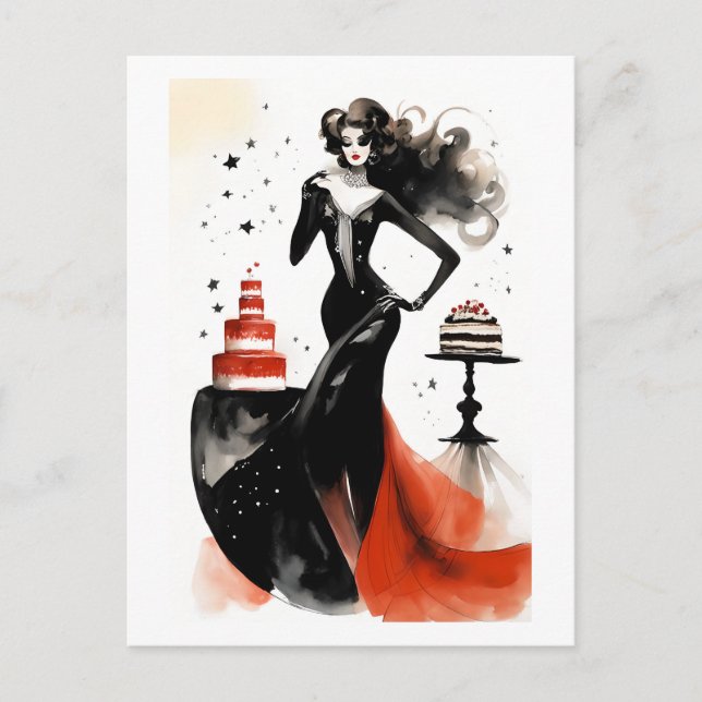 Cartão Postal Celebração da Moda. Linda mulher com bolo (Frente)