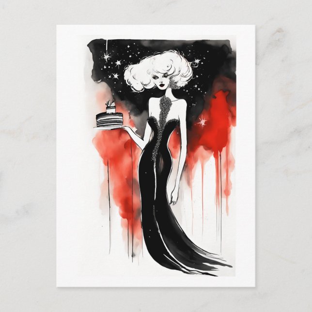 Cartão Postal Celebração da Moda. Mulher bonita com bolo (Frente)