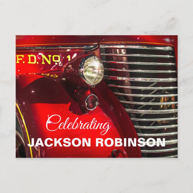 Cartão Postal Celebração da Vida com Caminhão de Bombeiros Antig (Frente)