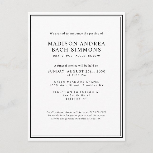 Cartão Postal Celebração da Vida pelos Serviços Funerais Moderno (Frente)