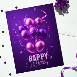 Cartão Postal Celebração de Aniversário com Balões Roxos e Rosas