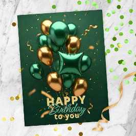 Cartão Postal Celebração de Aniversário com Balões Verdes e Dour