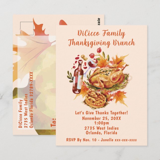 Cartão Postal Celebração de Brunch Harvest de Ação de Graças (Frente/Verso)