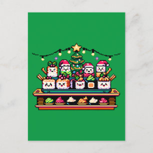 Cartão Postal Celebração de Natal Sushi - Design de 8 bits festi