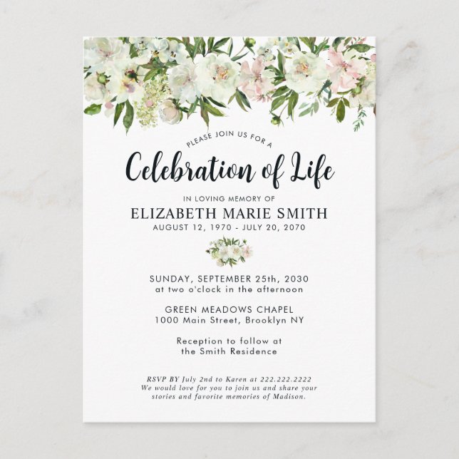 Cartão Postal Celebração do Memorial Funeral Floral Branco da Vi (Frente)