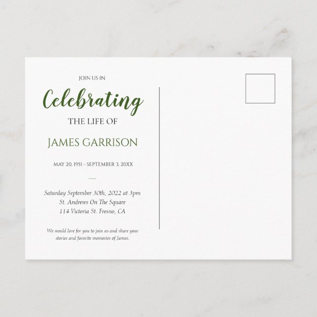 Cartão Postal Celebração Verde Escura da Vida com Foto Funeral (Verso)