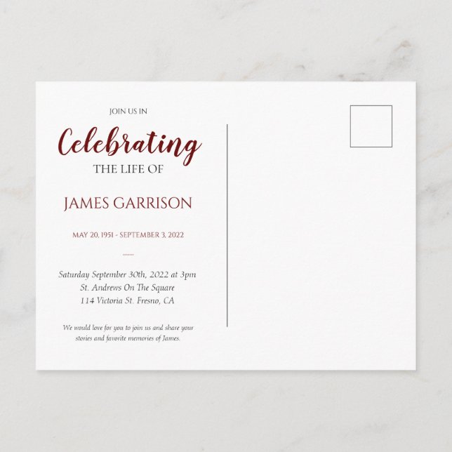 Cartão Postal Celebração Vermelha da Vida com Memorial Fotográfi (Verso)