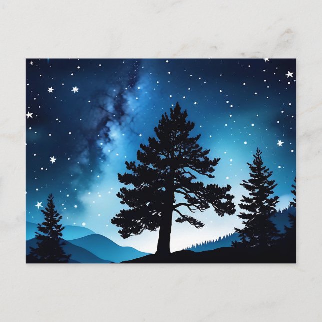 Cartão Postal Celestial Pine Watercolor Night Sky (Frente)