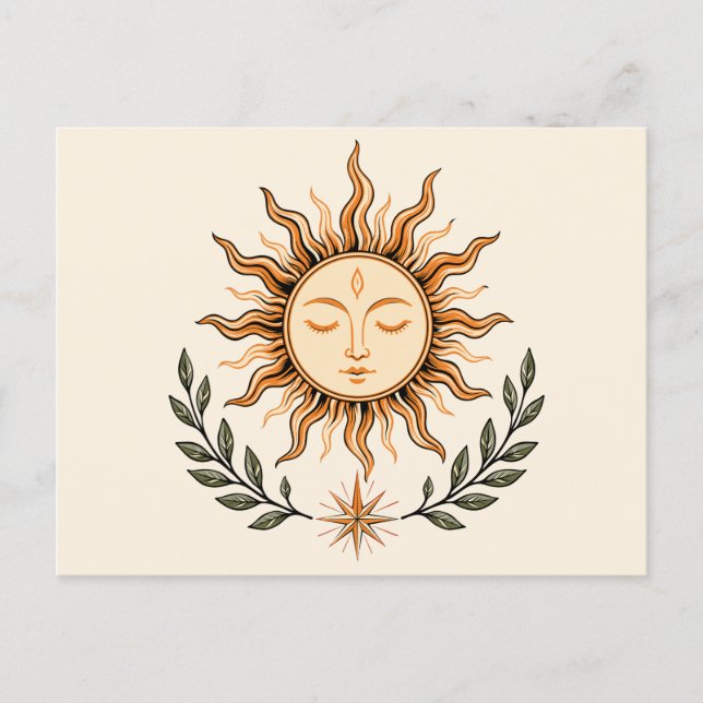Cartão Postal Celestial Sun Face Botanical Mystical Art (Frente)