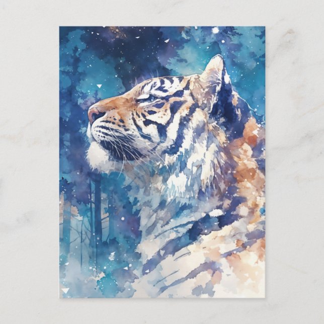 Cartão Postal Celestial Tiger in Winter Starry Forest (Frente)