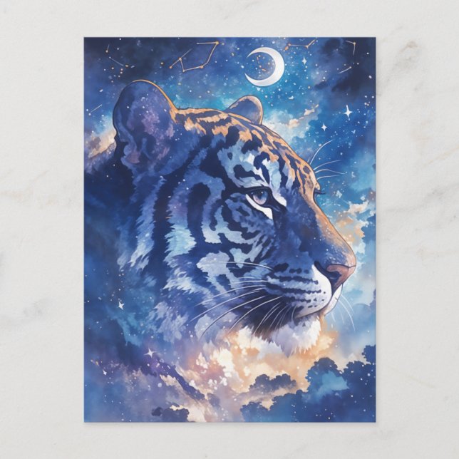 Cartão Postal Celestial Tiger Portrait in Midnight Clouds (Frente)