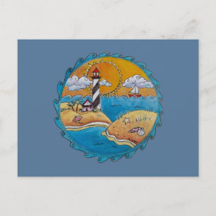 Cartão Postal Cena caprichosa da praia do farol Arte folclórica
