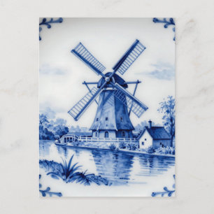 Cartão Postal Cena Clássica do Moinho de Vento Delft Azul no Can
