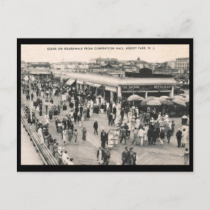 Cartão Postal Cena da Boardwalk, Asbury Park, NJ anos 1930 Vinta