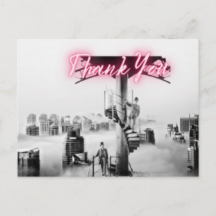Cartão Postal Cena de Cidade Surrealista Vintage Obrigado