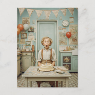 Cartão Postal Cena de Cozinha de Aniversário Vintage